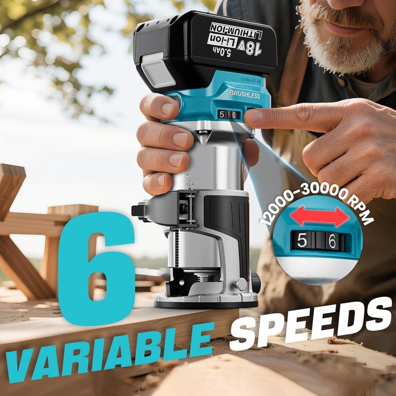 MtiolHig Cordless Compact Router Compatible with Makita 18V Battery, With 1 x 5.0Ah Rechargeable Battery, 6 Pcs Router Bits for Woodworking, 6 Variable Speeds Router With Trim Bits - Image 5